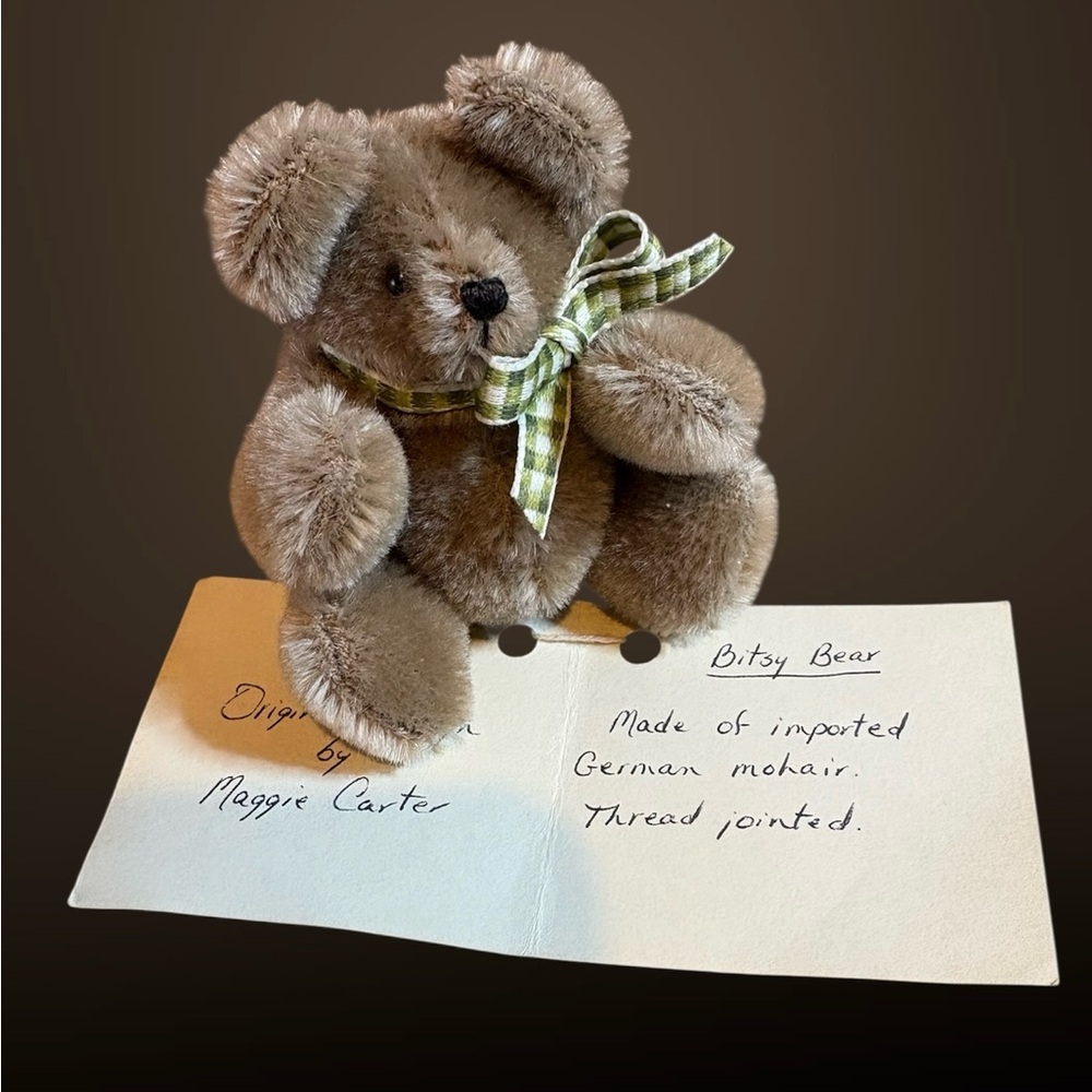 Vintage handmade jointed bear, a tiny 4” tall, made of imported German mohair